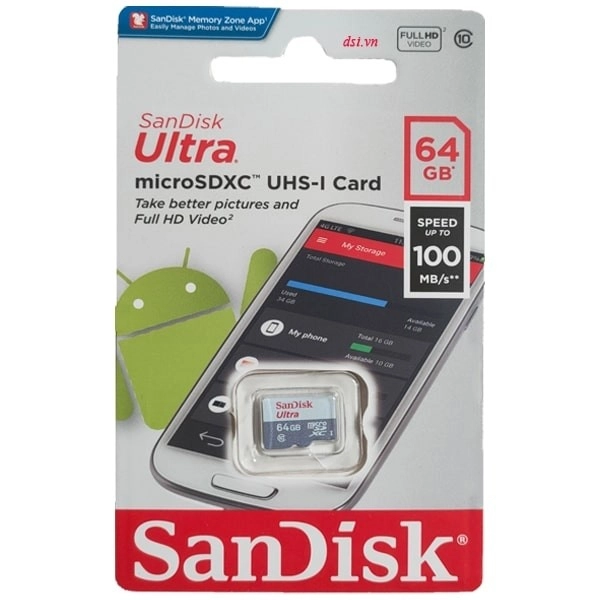 Thẻ nhớ MicroSD 64G SANDISK ULTRA SDSQUNR-064G-GN3MN Box Class10 100MB/s Chính hãng