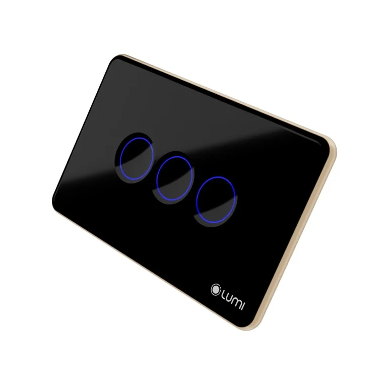 Công tắc cảm ứng thông minh Luto 3 nút kính lõm, viền bo Champagne, màu đen